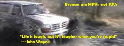 1996 Ford Bronco - A small forum-signature style banner graphic showing a light-colored Ford Bronco blasting through deep muddy water, spray flying off both s…
