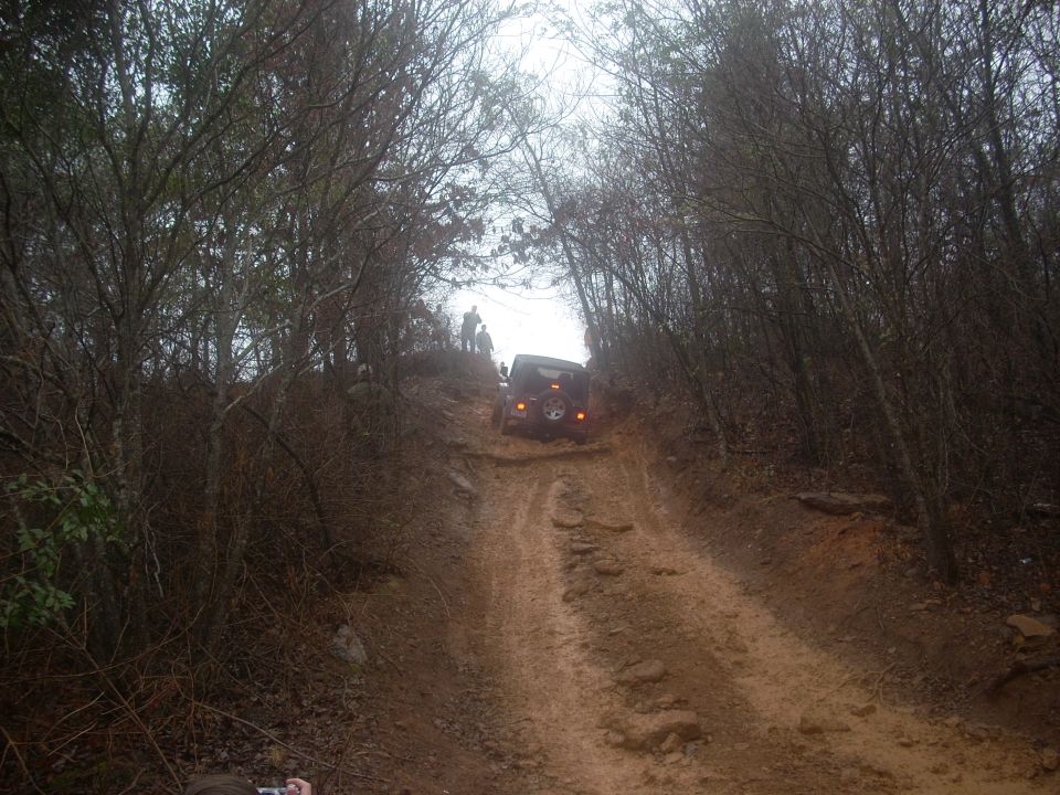 Rear view of dark Jeep Wrangler climbing a muddy trail with trees on either side