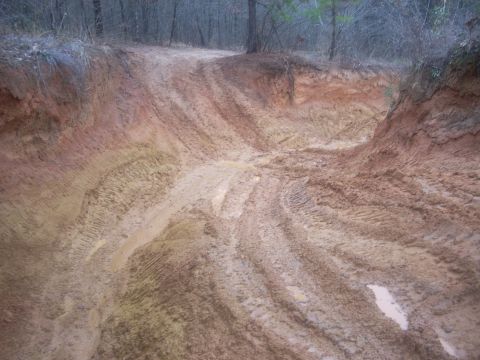 1992 Ford Bronco - Off-road trail with deep ruts and mud, surrounded by trees. Supermotors.net logo visible.