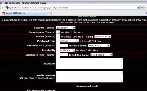 1996 Ford Bronco - Web form for adding vehicle modifications, including fields for category, manufacturer, and purchase information.