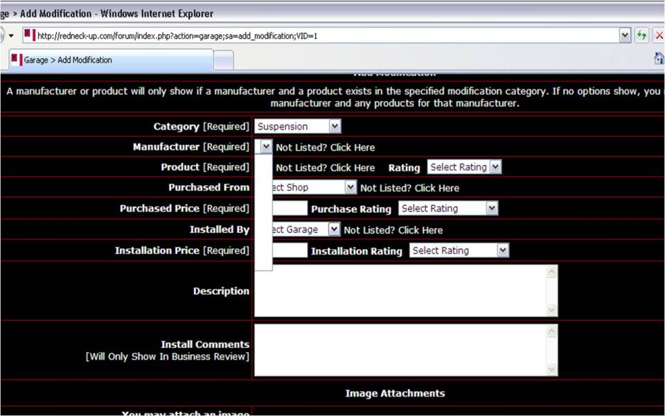 Screenshot of a web form for adding vehicle modifications, showing fields for category, manufacturer, and purchase details