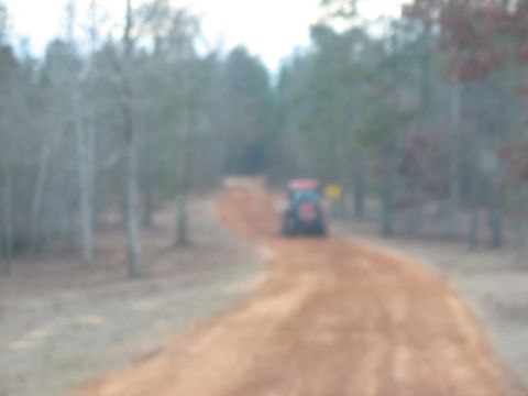 1978 Ford Bronco - A tractor is seen from behind on a dirt road surrounded by trees.