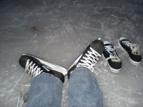 1995 Ford F-150 - A pair of ice skates and two pairs of sneakers are visible on an ice rink surface.