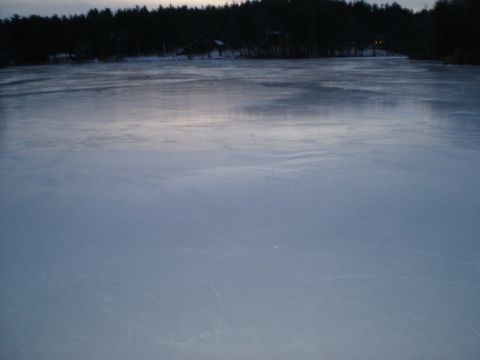 1995 Ford F-150 - A frozen lake stretches out towards a tree line under a dusky sky.