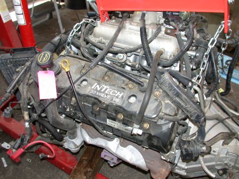 1964 Ford Ranchero - Engine assembly, identified as InTech 32 Valve V8, is mounted on a red engine stand.