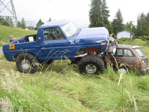 1979 Ford Bronco - A blue 1979 Ford Bronco appears to have crashed into a brown station wagon, both vehicles are in tall grass.