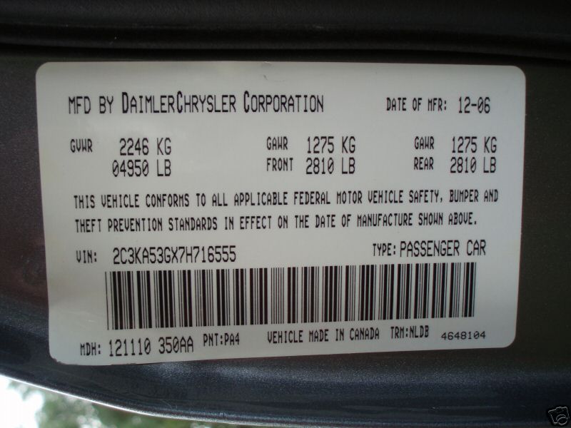 Vehicle identification label with VIN 2C3KA53GX7H716555 and manufacture date 12-06