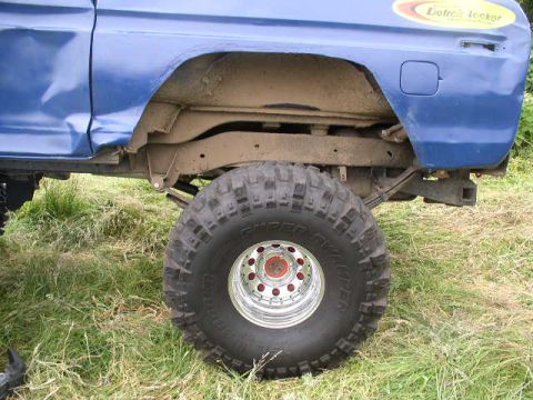 1979 Ford Bronco - Close-up of the rear wheel and fender of a blue 1979 Ford Bronco.
