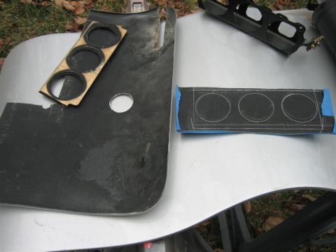 1900 Yugo Vega - Interior car parts, including a door panel and gauge cluster housing, are laid out with templates for gauge cutouts.