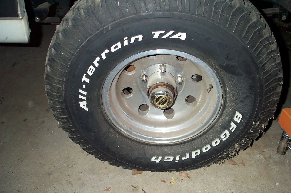 Close-up of a BFGoodrich All-Terrain T/A tire on a vehicle wheel