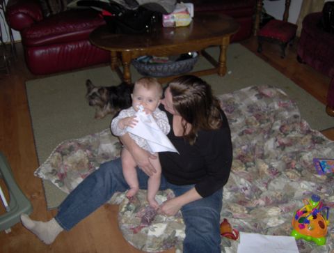 1978 Ford Bronco - A woman holds a baby while a dog watches in a cozy living room setting.
