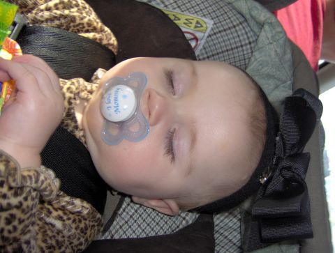 1978 Ford Bronco - A baby sleeps soundly in a car seat, pacifier in mouth, wearing a leopard-print outfit.