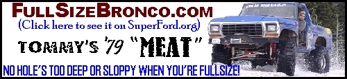 FullSizeBronco.com banner for Tommy's '79 Bronco showing a blue lifted Bronco in water