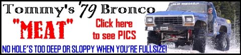 1979 Ford Bronco - A modified blue pickup truck with oversized tires is shown in a snowy environment, with text overlaying the image.