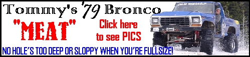 Banner for Tommy's '79 Bronco "MEAT" with photo of the blue lifted truck in mud