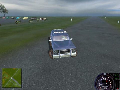 1988 Ford Bronco - Screenshot from a driving video game showing a low-polygon blue square-body SUV with a roof-mounted light bar, chrome brush guard and mud t…