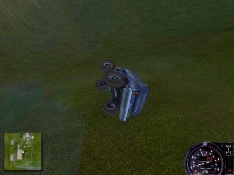 1988 Ford Bronco - Off-road vehicle has flipped over in a grassy area, with game interface elements displayed.