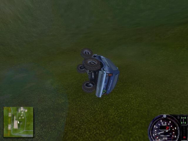 Upside-down off-road vehicle on grass, with a mini-map and speedometer visible