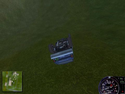 1988 Ford Bronco - Screenshot from an off-road driving video game showing a blue 4x4 truck flipped upside down on a green field, with a mini-map in the lower…