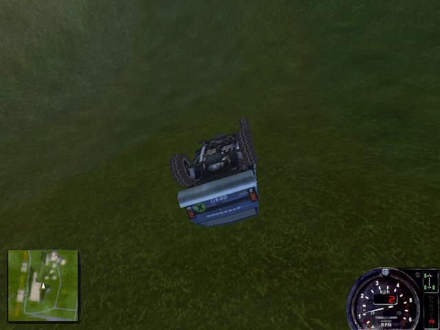 Video game screenshot of a blue 4x4 truck rolled upside down on grass
