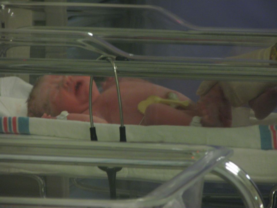 Newborn baby crying in an incubator with medical equipment attached