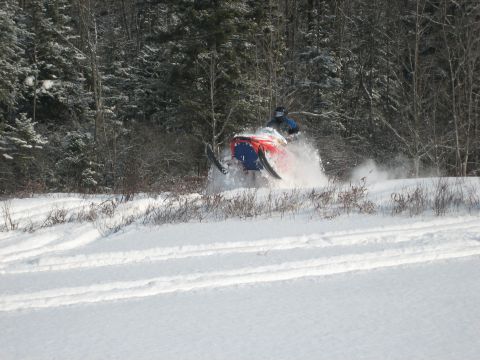 1995 Ford Bronco - A snowmobile navigates a snowy trail through a wooded area.