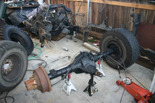 Front axle assembly and engine on jack stands