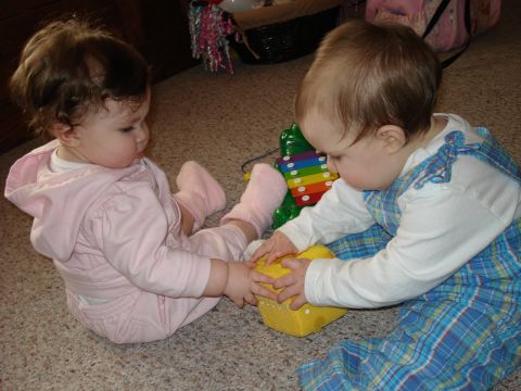 2000 Ford Crown Victoria - Two babies interact with a yellow toy on a carpeted floor.