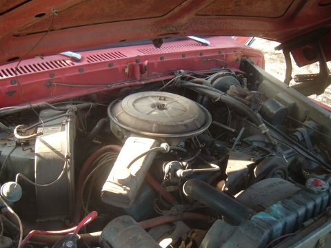 1995 Ford Bronco - The engine bay of a red vehicle, showing the air filter and various engine parts.