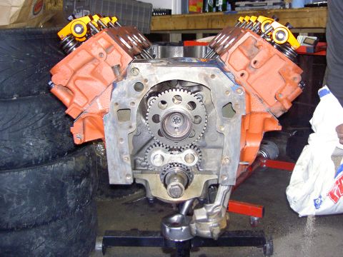 1972 Ford Ranchero - Close-up view of an engine block, revealing the timing gears and valve train assembly.