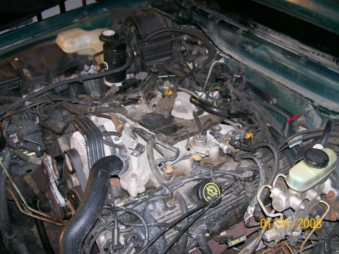 1995 Mercury Grand Marquis - Overhead view into the engine bay of a green Ford V8 sedan with the air intake removed, exposing the white/silver intake manifold, fuel rai…