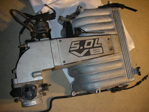 1998 Ford Crown Victoria - Aluminum Ford intake manifold assembly stamped '5.0L V8' with attached throttle body and wiring.