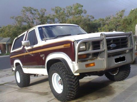 1985 Ford Bronco - This 1985 Ford Bronco features a prominent bull bar and off-road tires.
