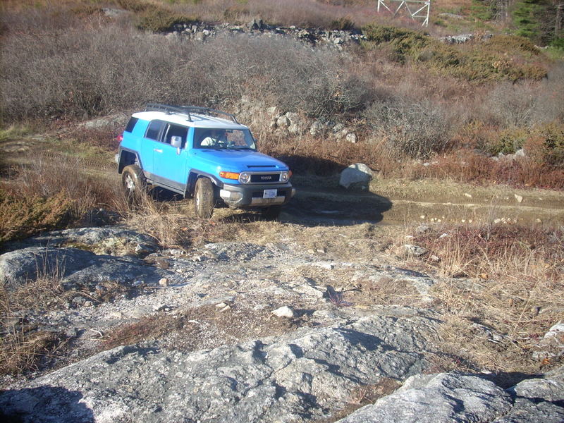 Blue Toyota FJ Cruiser with white roof off-roading on a rocky trail through brush