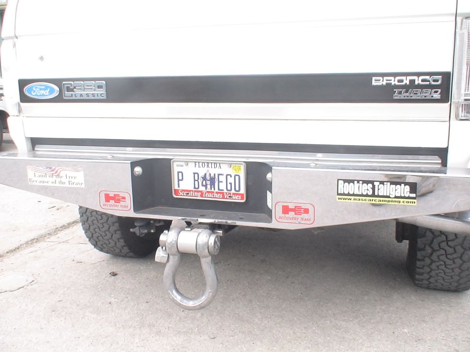 1993 Ford Bronco Turbo rear bumper with Florida license plate P B4NEGO and "Land of the Free Because of the Brave" sticker