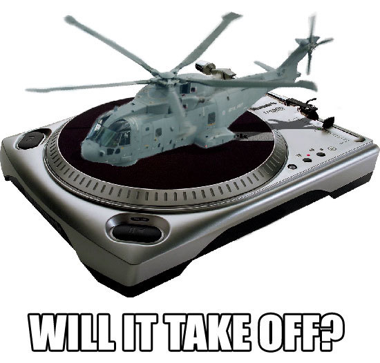 Helicopter model on a turntable with text 'WILL IT TAKE OFF?'