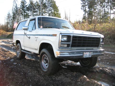 1980 Ford Bronco - White 1980 Ford Bronco navigating a muddy off-road path.