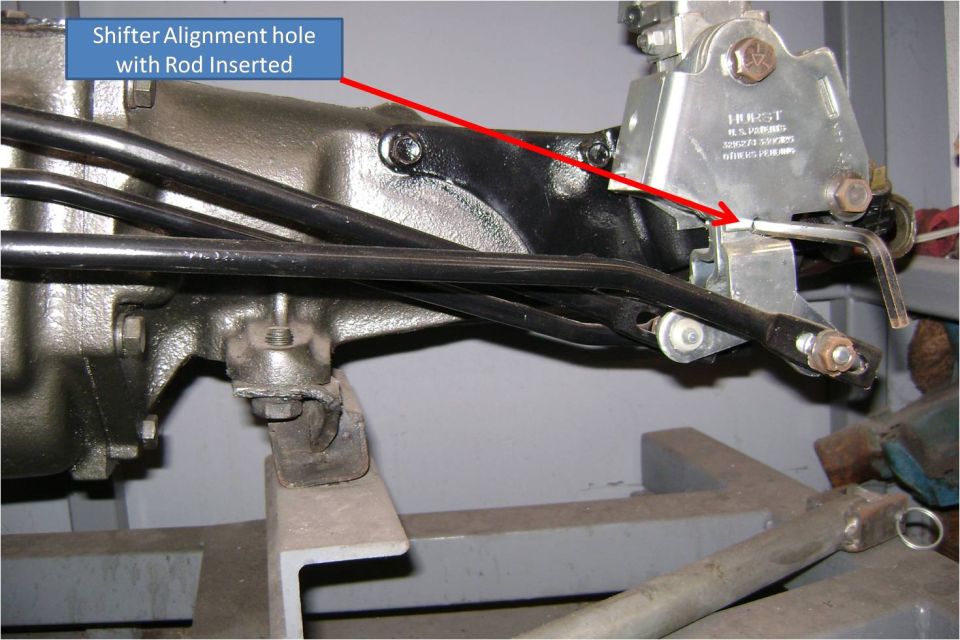 Shifter assembly showing alignment hole with rod inserted