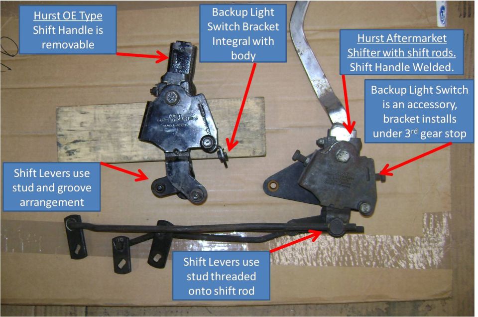 Two Hurst shifter bodies compared on cardboard with labels