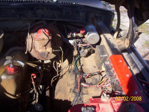 1978 Ford Bronco - Close-up view of the engine bay, focusing on the brake booster, master cylinder, and electrical wiring. The image is dated 02/02/2008.