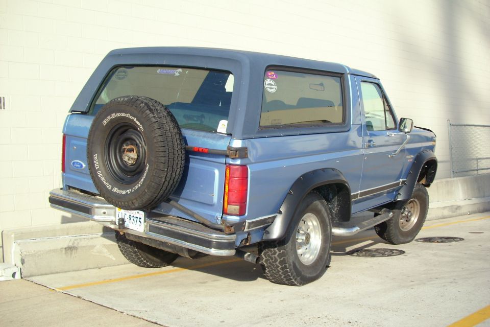 Blue Ford Bronco SUV rear three-quarter view with spare tire carrier