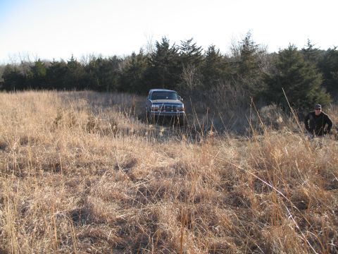 1995 Ford Bronco - A dark blue 1995 Ford Bronco is parked in a field of dry grass, with a person crouching in the foreground.