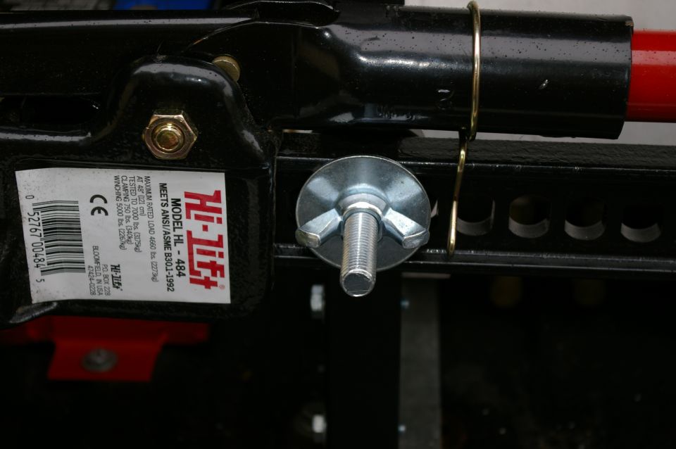 Close-up of Hi-Lift jack model HL-484 with a wingnut bolt