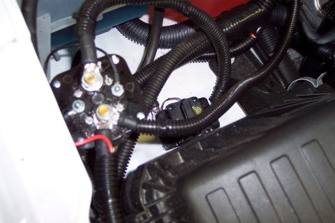 2001 Ford Crown Victoria - A complex network of black corrugated tubing and electrical connectors is visible in the engine bay of a white vehicle.