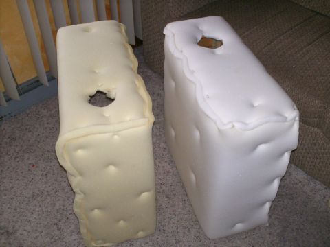 1983 Ford Bronco - Two foam seat cushions, one yellow and one white, are shown side-by-side.
