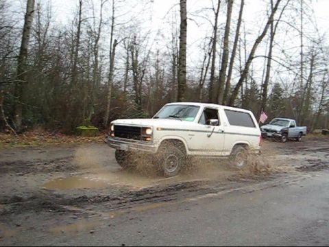 1980 Ford Bronco - White 1980 Ford Bronco navigating a muddy trail, with another truck visible behind it.
