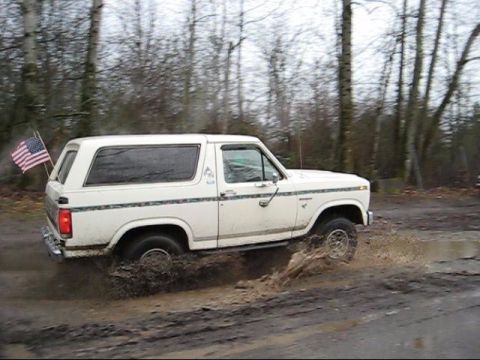 1980 Ford Bronco - A white Ford Bronco kicks up mud as it drives through a wet, wooded area.