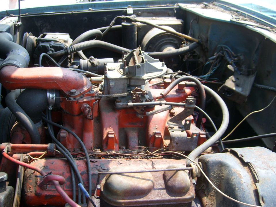 Engine bay with red intake manifold and carburetor