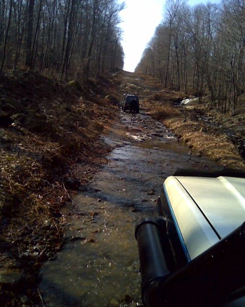 1989 Ford Bronco - Two SUVs traverse a challenging, water-filled forest path.