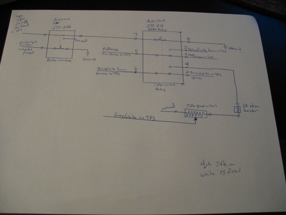 Hand-drawn wiring diagram of a diesel high-idle relay circuit